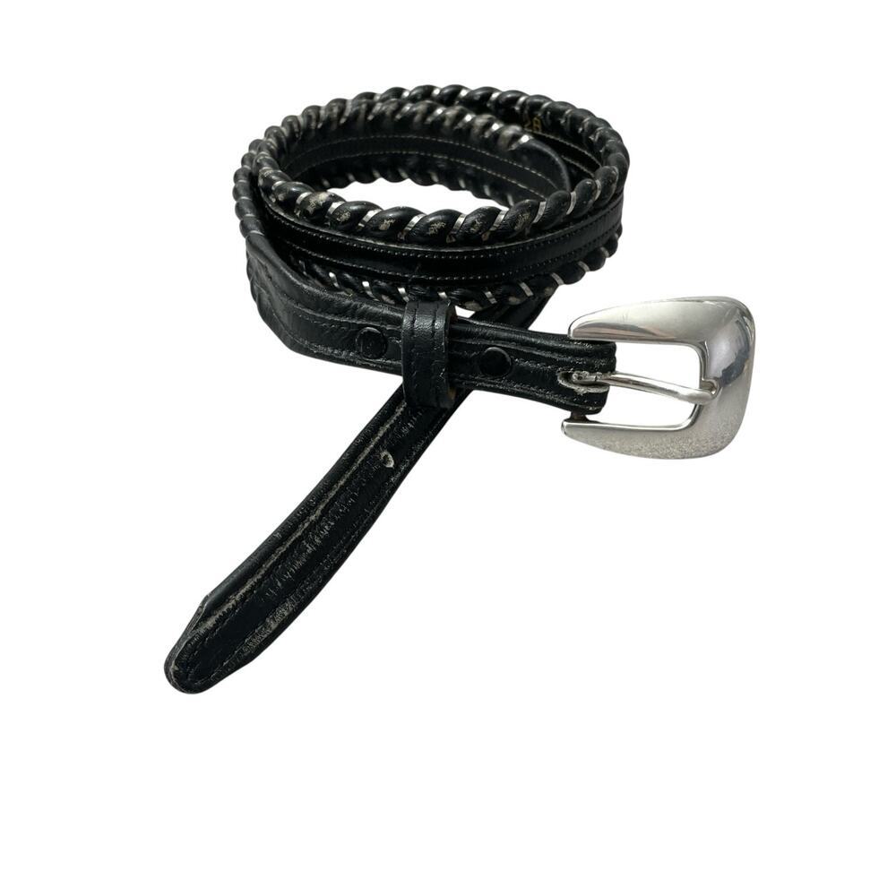 Nocona Womens Black Leather Belt 28 Silvertone Buckle 1.25in Rope Metallic USA